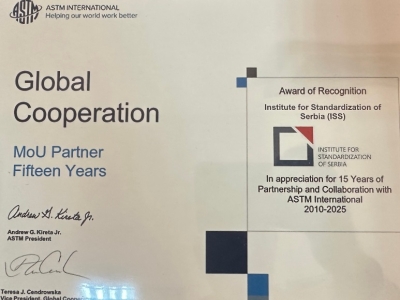 Award of Recognition for the Institute for Standardization of Serbia for Successful Cooperation